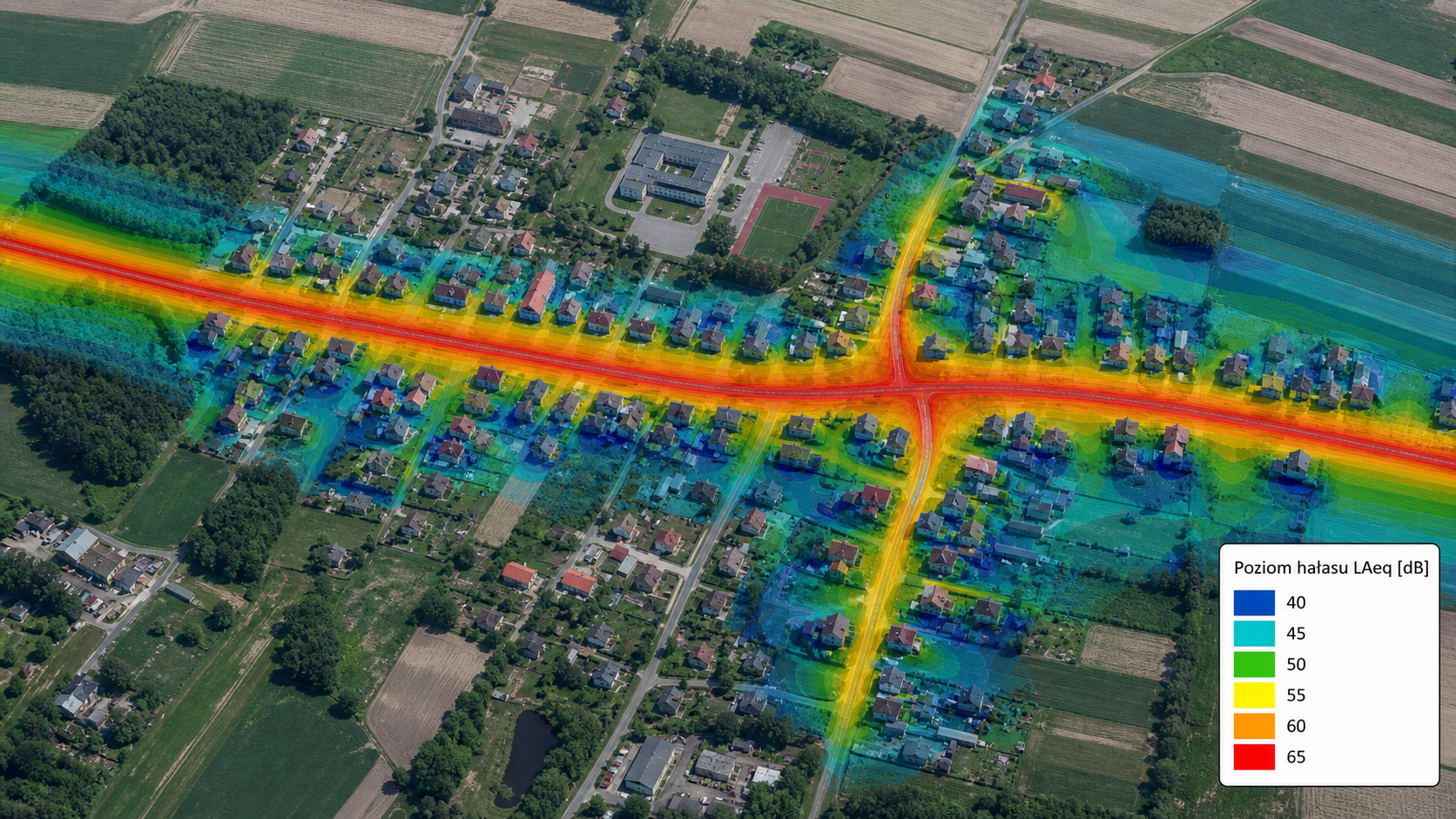 Mapa akustyczna dróg w małej miejscowości z izoliniami poziomów hałasu