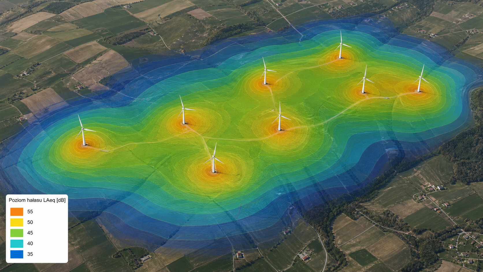 Mapa akustyczna farmy wiatrowej z izoliniami poziomów hałasu