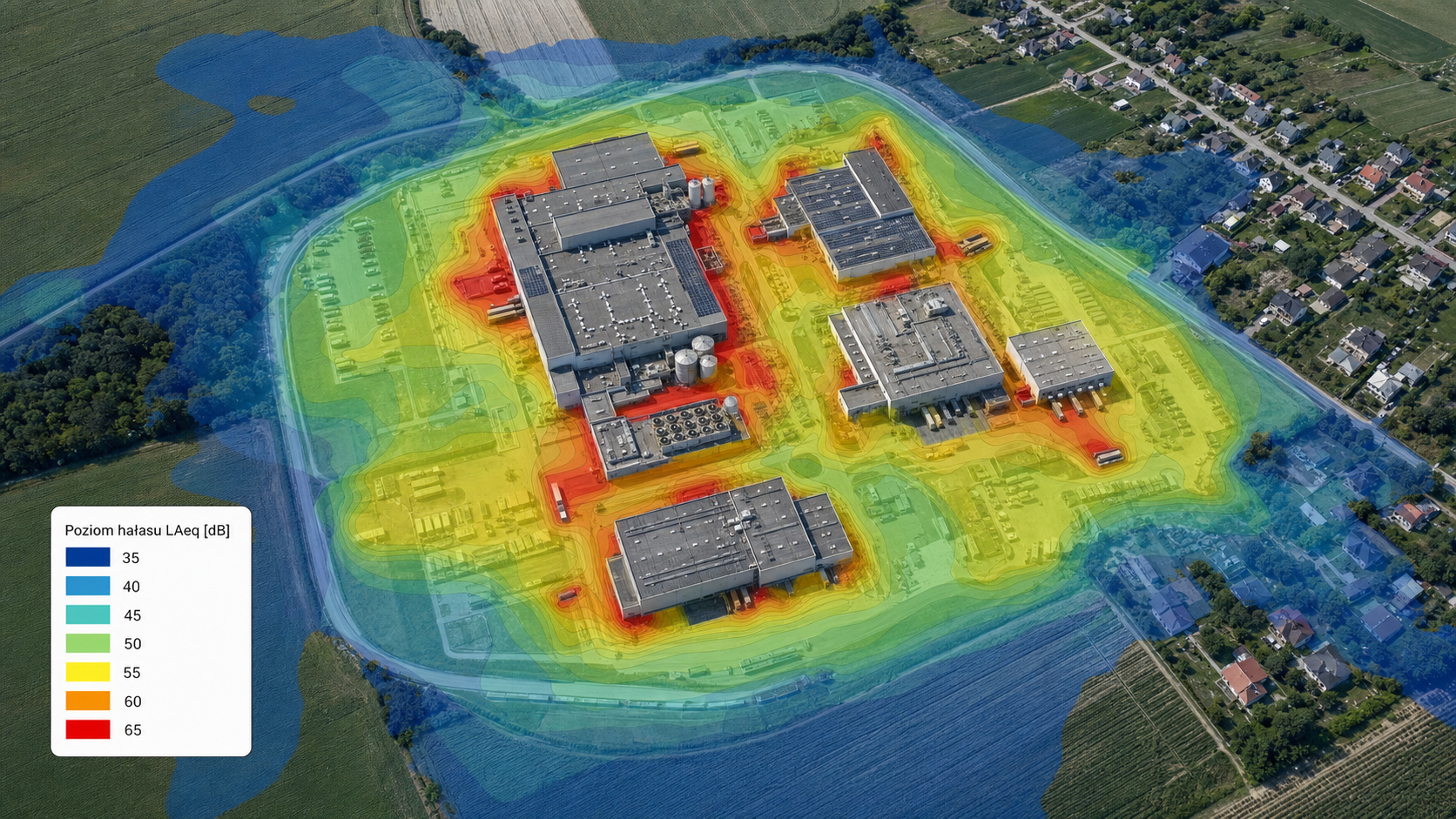 Mapa akustyczna zakładu przemysłowego z izoliniami poziomów hałasu